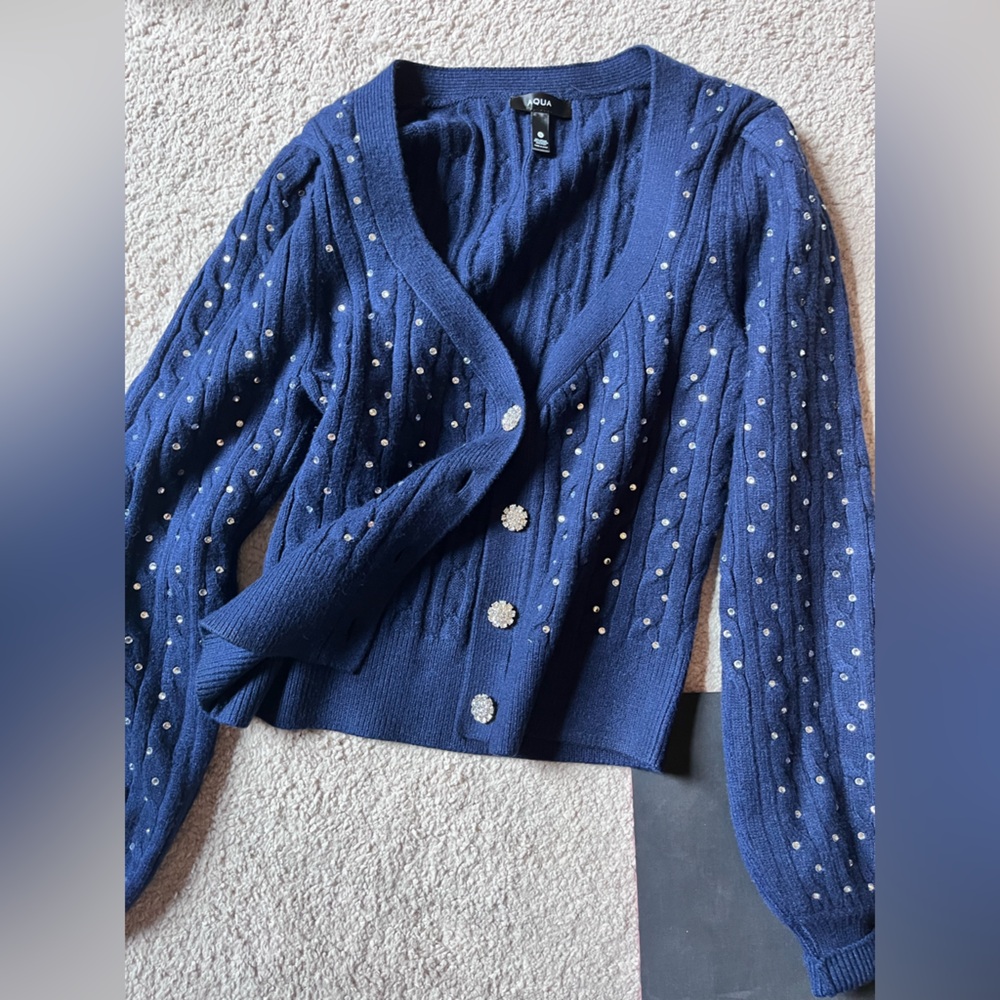 Aqua Navy Blue Cardigan with rhinestone Embellishments